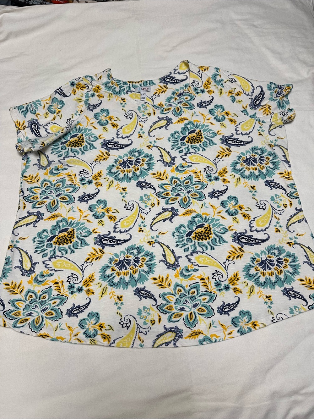 Denim & Co. Women’s Floral Paisley Short Sleeve Top - White with Teal & Yellow